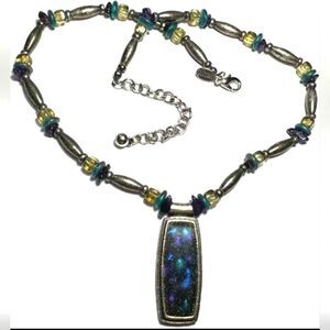 Vintage  Necklace signed CHICO'S Silver Tone Metal Bead Enamel Galaxy 17.5-20"